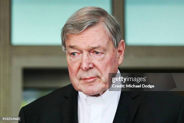 Cardinal George Pell leaves at Melbourne Magistrates' Court on May 1, 2018 in Melbourne, Australia. Cardinal Pell was charged on summons by Victoria...