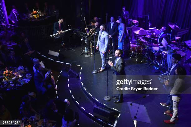 Anthony Ramos, Karen Olivo, Christopher Jackson, Javier Muñoz, Perry Young, and Mateo Ferro perform onstage at The Eugene O'Neill Theater Center's...