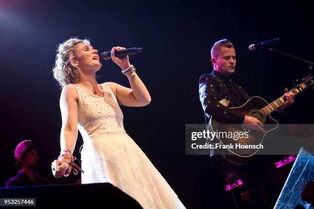 Australian singer Clare Bowen performs live on stage with her husband Brandon Robert Young during a concert at the Huxleys on April 30, 2018 in...
