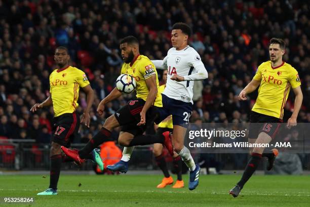 Adrian Mariappa of Watford and Dele Alli of Tottenham during the Premier League match between Tottenham Hotspur and Watford at Wembley Stadium on...