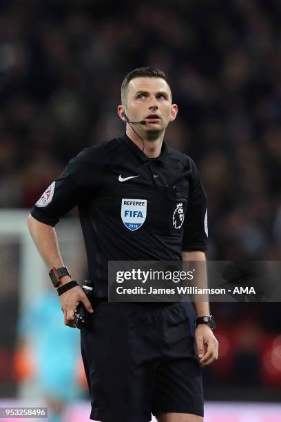 Match referee Michael Oliver during the Premier League match between Tottenham Hotspur and Watford at Wembley Stadium on April 30, 2018 in London,...