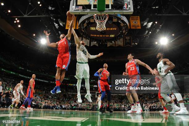 Justin Anderson of the Philadelphia 76ers grabs the rebound against the Boston Celtics in Game One of the Eastern Conference Semifinals of the 2018...