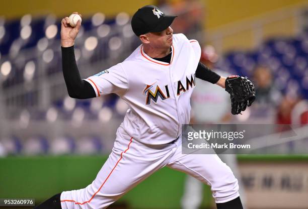 Brad Ziegler of the Miami Marlins pitches in the ninth inning against the Philadelphia Phillies at Marlins Park on April 30, 2018 in Miami, Florida.