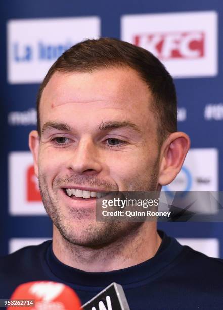Leigh Broxham of the Victory speaks to the media during a Melbourne Victory A-League training session at Gosch's Paddock on May 1, 2018 in Melbourne,...