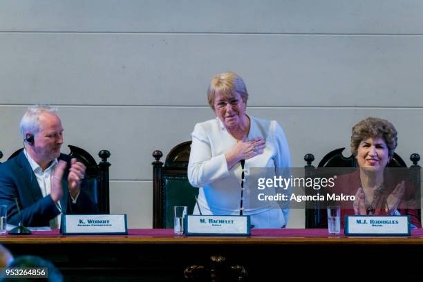 Former President of Chile, Michelle Bachelet ; salutes during the ceremony "Progressive Alliance 2018"; at the headquarters of the former Congress of...