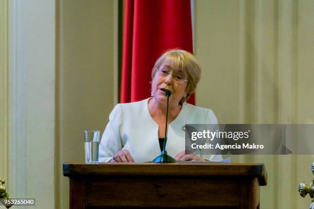Former President of Chile, Michelle Bachelet delivers a speech during the award ceremony "Progressive Alliance 2018"; at the headquarters of the...