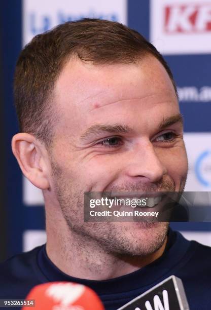 Leigh Broxham of the Victory speaks to the media during a Melbourne Victory A-League training session at Gosch's Paddock on May 1, 2018 in Melbourne,...