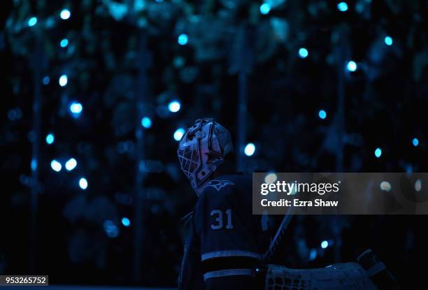 Martin Jones of the San Jose Sharks stands in goal before their game against the Vegas Golden Knights in Game Three of the Western Conference Second...