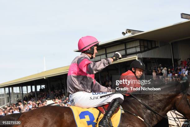Gold Medals ridden by Shane Jackson returns after the 3YB Scotty Stewart Brierly Steeplechase at Warrnambool Racecourse on May 01, 2018 in...