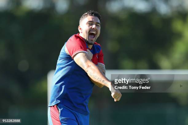 Dimitri Petratos of the Jets during a Newcastle Jets A-League training session at Ray Watt Oval on May 1, 2018 in Newcastle, Australia.