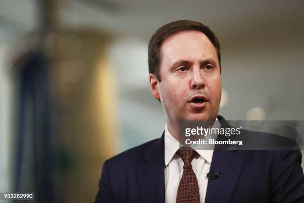 Steven Ciobo, Australia's trade and investment minister, speaks during a Bloomberg Television interview at the Milken Institute Global Conference in...