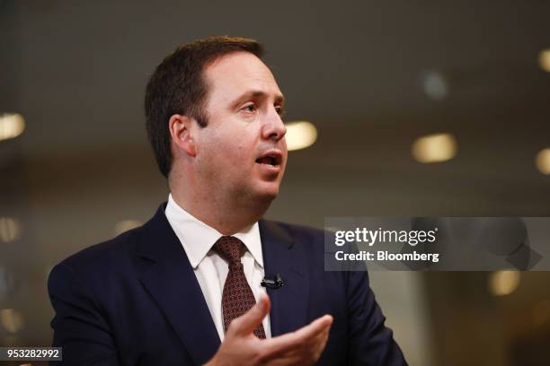 Steven Ciobo, Australia's trade and investment minister, speaks during a Bloomberg Television interview at the Milken Institute Global Conference in...