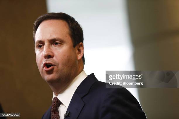 Steven Ciobo, Australia's trade and investment minister, speaks during a Bloomberg Television interview at the Milken Institute Global Conference in...