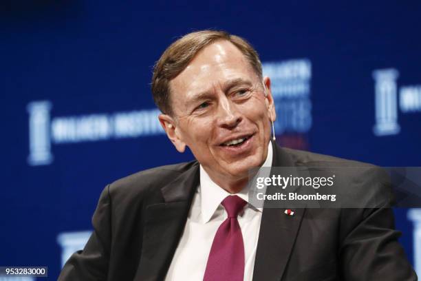 Retired General David Petraeus, chairman of KKR Global Institute, speaks during the Milken Institute Global Conference in Beverly Hills, California,...