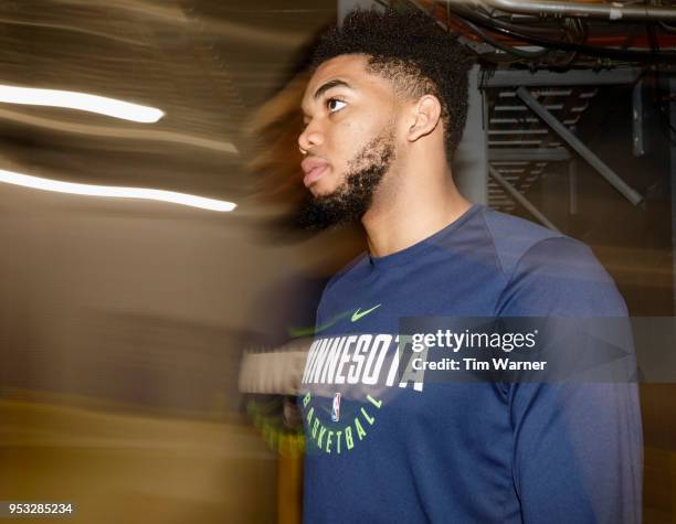 Karl-Anthony Towns of the Minnesota Timberwolves walks to the court before Game Five of the first round of the 2018 NBA Playoffs against the Houston...