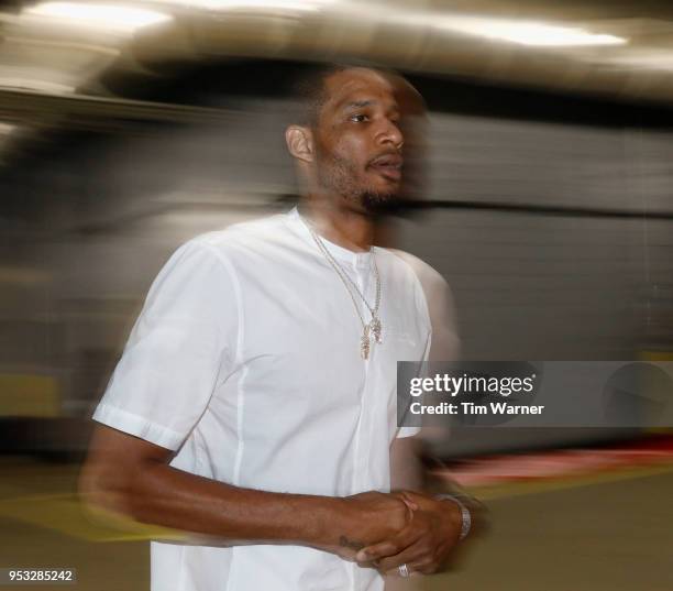 Trevor Ariza of the Houston Rockets arrives before Game Five of the first round of the 2018 NBA Playoffs against the Minnesota Timberwolves at Toyota...