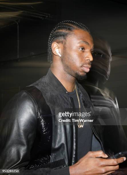 Andrew Wiggins of the Minnesota Timberwolves arrives before Game Five of the first round of the 2018 NBA Playoffs against the Houston Rockets at...