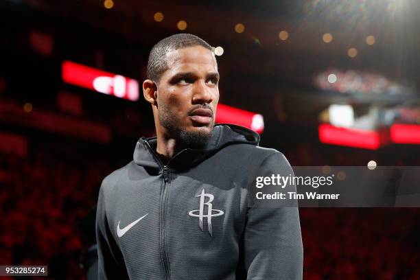 Trevor Ariza of the Houston Rockets takes the floor before Game Five of the first round of the 2018 NBA Playoffs against the Minnesota Timberwolves...