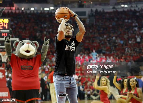 Tyrann Mathieu of the Houston Texans takes the First Shot during Game Five of the first round of the 2018 NBA Playoffs between the Houston Rockets...