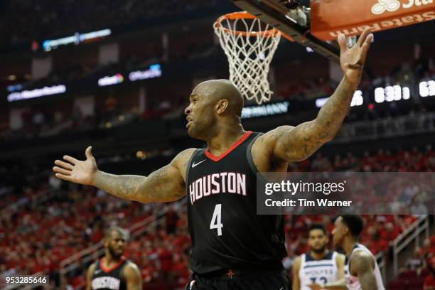 Tucker of the Houston Rockets reacts in the second half during Game Five of the first round of the 2018 NBA Playoffs against the Minnesota...