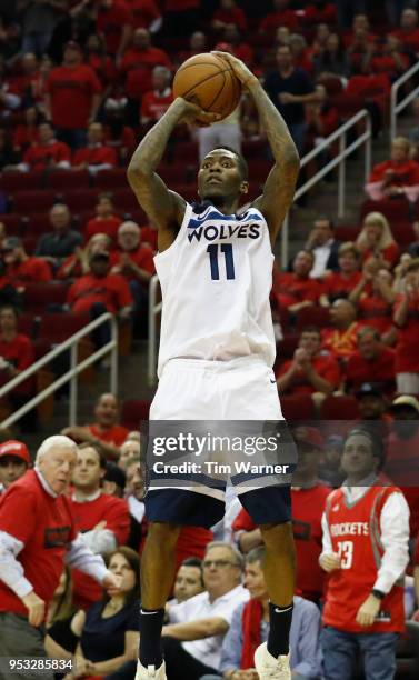 Jamal Crawford of the Minnesota Timberwolves takes a three-point shot in the second half during Game Five of the first round of the 2018 NBA Playoffs...