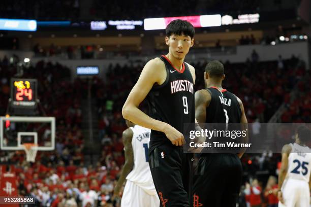 Zhou Qi of the Houston Rockets enters the game in the fourth quarter during Game Five of the first round of the 2018 NBA Playoffs against the...