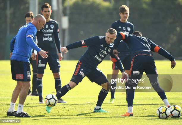 Besart Berisha of the Victory passes the ball during a Melbourne Victory A-League training session at Gosch's Paddock on May 1, 2018 in Melbourne,...