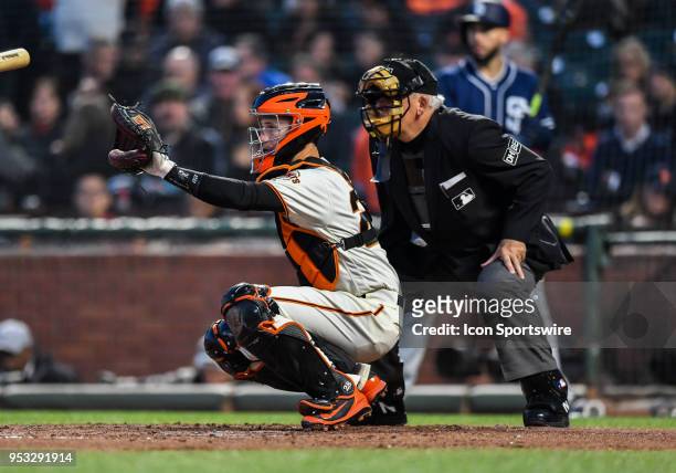 San Francisco Giants Catcher Buster Posey catching during the San Francisco Giants and San Diego Padres game on April 30, 2018 at AT&T Park in San...
