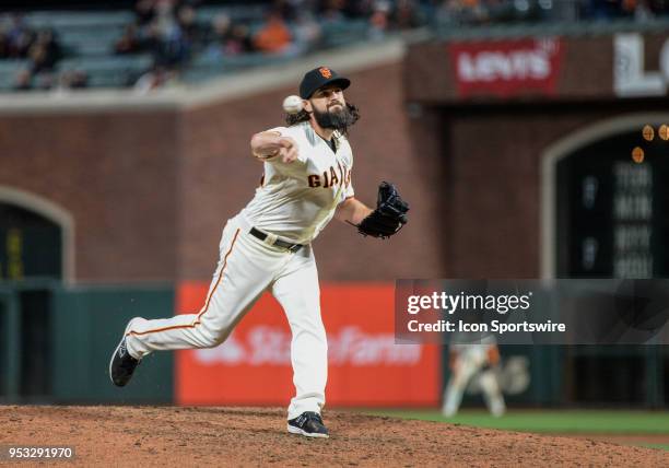 San Francisco Giants Pitcher Cory Gearrin pitching during the San Francisco Giants and San Diego Padres game on April 30, 2018 at AT&T Park in San...