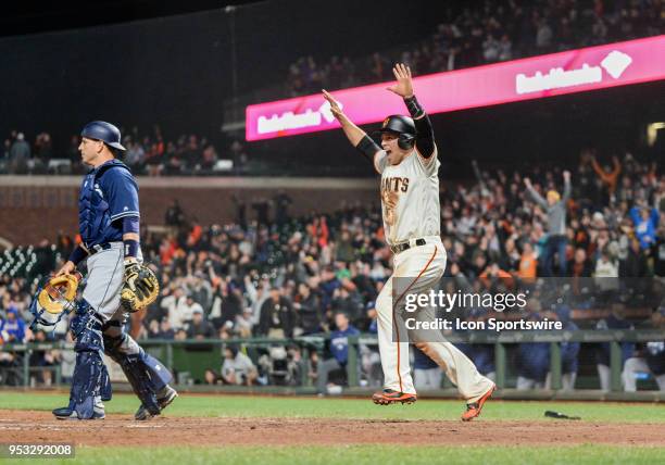 San Francisco Giants Catcher Buster Posey celebrates with his walk off run during the ninth inning of San Francisco Giants and San Diego Padres game...