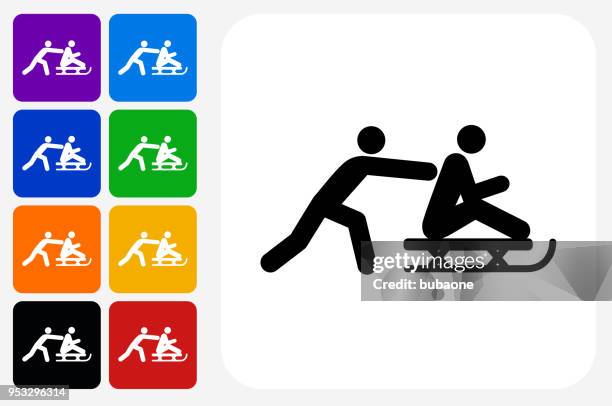 person sliding on sled icon square button set - yellow sled stock illustrations