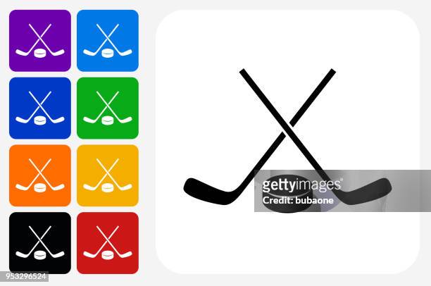 hockey stick and puck icon square button set - hockey puck flying stock illustrations