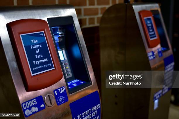 Keycard readers for fare payment are located on the platform of SEPTA's Lanhorne commuter rail station in the Philadelphia, PA Suburbs, on February...