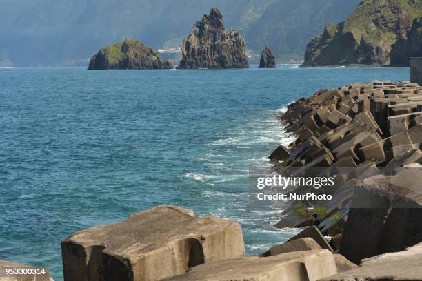 View of Ilheus da Ribeira da Janela, from Porto Moniz, in the northwest corner of the island of Madeira. On Tuesday, April 24 in Porto Moniz, Madeira...