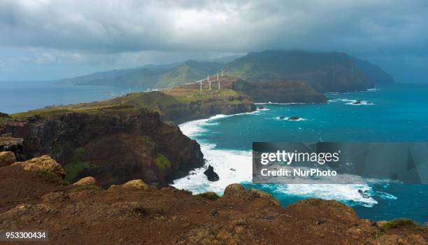 Scenic view of Madeira Island costline from Ponta do Rosto viewpoint. On Tuesday, April 24 in Santa Cruz, Madeira Island, Portugal.