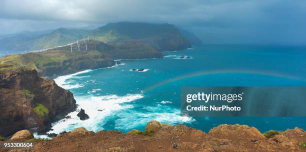 Scenic view of Madeira Island costline from Ponta do Rosto viewpoint. On Tuesday, April 24 in Santa Cruz, Madeira Island, Portugal.