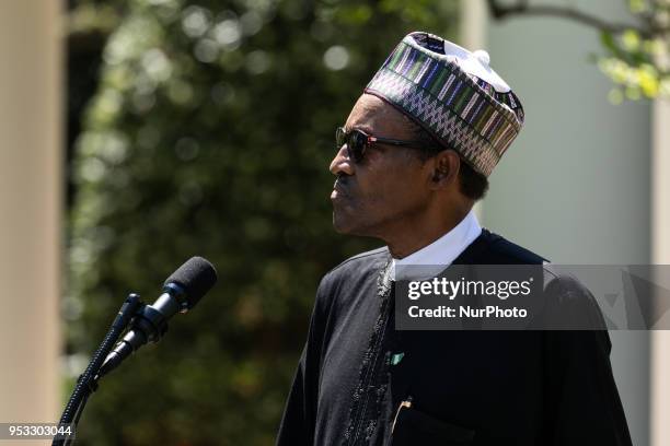 President Muhammadu Buhari of the Federal Republic of Nigeria, at his joint press conference with U.S. President Donald Trump, in the Rose Garden of...
