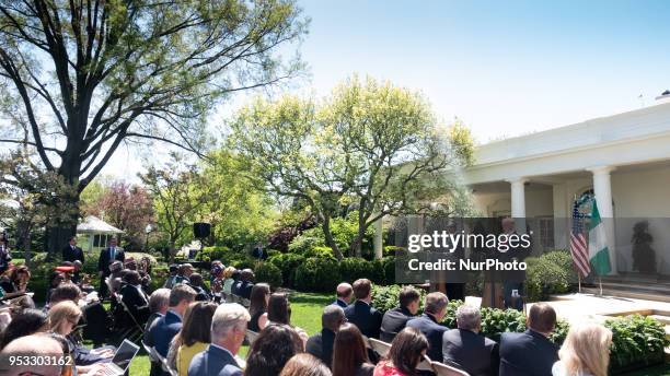 President Donald Trump and President Muhammadu Buhari of the Federal Republic of Nigeria hold a joint press conference in the Rose Garden of the...