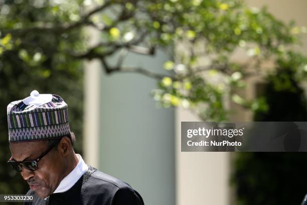 President Muhammadu Buhari of the Federal Republic of Nigeria, at his joint press conference with U.S. President Donald Trump, in the Rose Garden of...