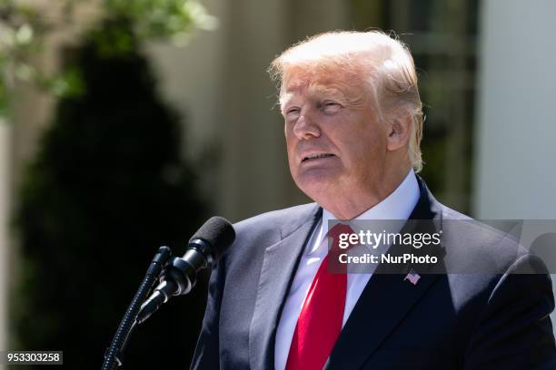 President Donald Trump speaks, at his joint press conference with President Muhammadu Buhari of the Federal Republic of Nigeria, in the Rose Garden...