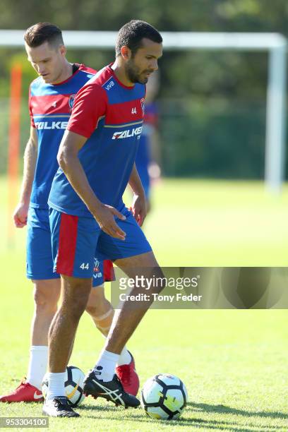 Nikolai Topor-Stanley and Nigel Boogaard of the Jets during a Newcastle Jets A-League training session at Ray Watt Oval on May 1, 2018 in Newcastle,...