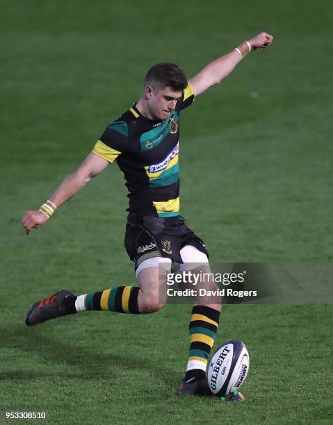 James Grayson of Northampton kicks a penalty during the Aviva A League Final between Northampton Wanderers and Exeter Braves at Franklin's Gardens on...