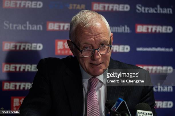 Barry Hearn, Chairman of World Snooker, speaks at a news conference during day ten of the World Snooker Championship at Crucible Theatre on April 30,...