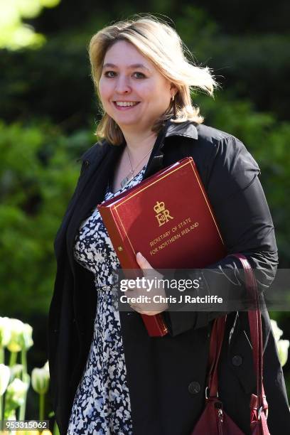 Karen Bradley, Secretary of State for Northern Ireland attends the first cabinet meeting following the Re-Shuffle at Downing Street on May 1, 2018 in...