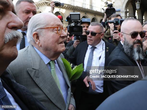 France's far-right Front National party founder and former leader Jean-Marie Le Pen arrives at the Place des Pyramides in Paris to attend a rally in...