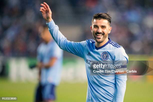 April 29: David Villa of New York City reacts during the match in which he scored his 400th career goal during the New York City FC Vs FC Dallas...
