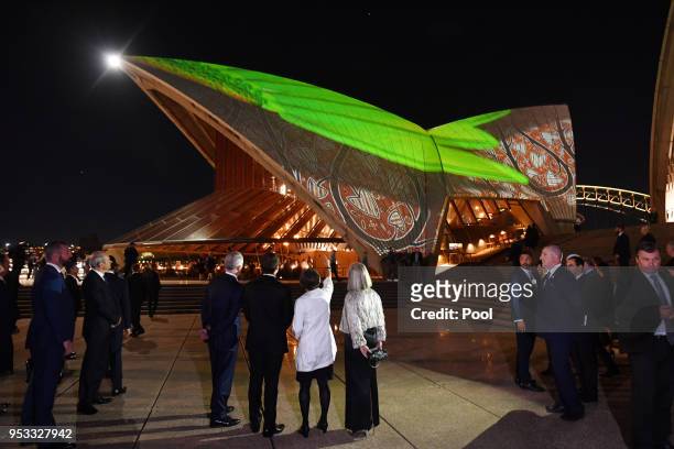 French President Emmanuel Macron meets with Australian Prime Minister Malcolm Turnbull and his wife Lucy Turnbull at the Sydney Opera House on May 1,...