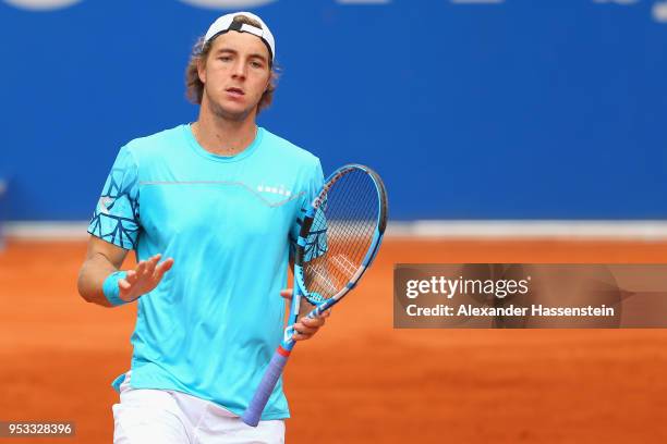 Jan-Lennard Struff of Germany reacts during his first round match against Daniel Masur of Germany on day 4 of the BMW Open by FWU at MTTC IPHITOS on...