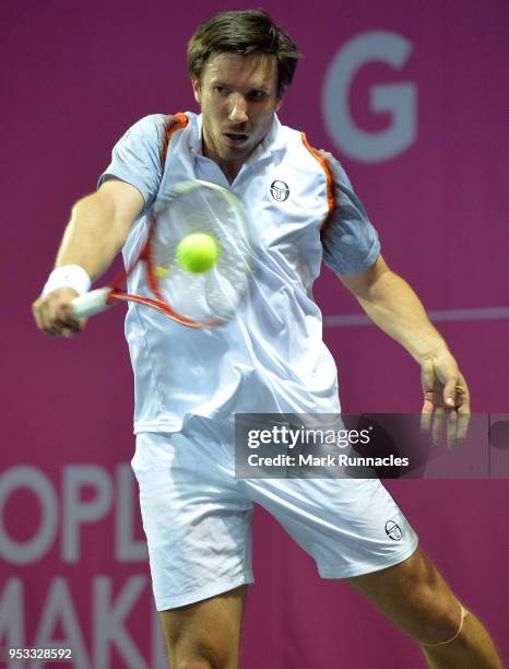 Igor Sijsling of Netherlands in action during his singles match against Bernabe Zapata Miralles of Spain on the fourth day of The Glasgow Trophy at...