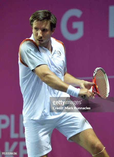 Igor Sijsling of Netherlands in action during his singles match against Bernabe Zapata Miralles of Spain on the fourth day of The Glasgow Trophy at...